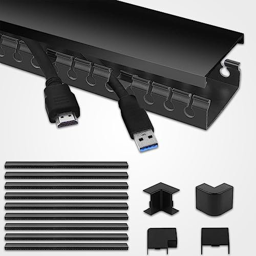 LEDBRITE Cable Trunking, 9 Pieces of Cable Management Kit, 3.5M Open Slot Cable Raceway Duct with Cover, Desk Cable Tidy Concealer Cord Organizer to Hide Wires for TVs, Computers etc... (Black)
