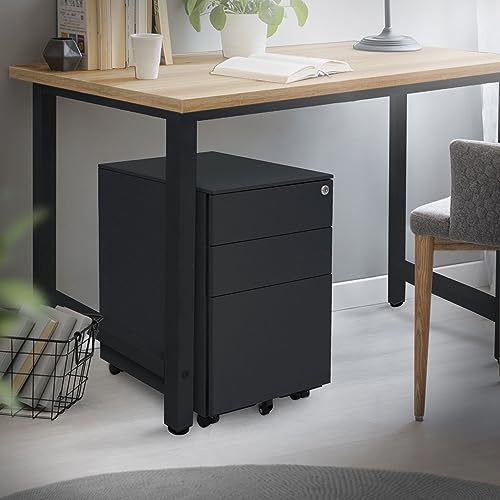 ML-Design Metall Rollcontainer mit 3 Schubladen, Anthrazit 39x50x56cm Stahl, Mobiler Aktenschrank, Abschließbarer Büroschrank, Bürocontainer mit Hängeregistratur für Akten&Dokumente, Schubladenschrank