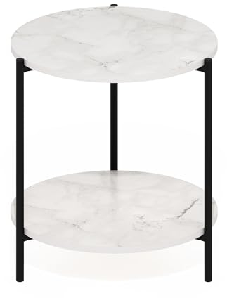 Furinno Besi 2-stöckiger moderner runder Beistelltisch mit stabilen Metallbeinen, Marmorweiß