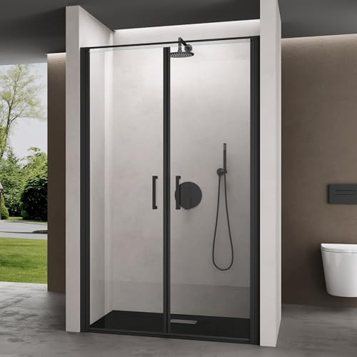 doporro Porte de Douche Pivotante 90x195cm pour Niche Paroi de Douche Transparente Verre de 8mm avec Revêtement Anti-calaire Teramo66K Profilé Noir