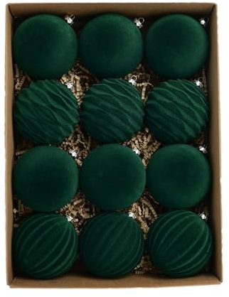 HUNYA Velvet Baubles, Green Flocking Ornaments, 12 Velvet Balls for Tree Decoration