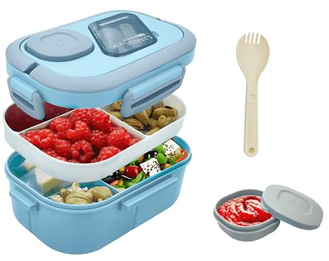 HNNJCK Bento Lunchbox mit Fächern, 2 Lagige Brotbox Vesperbox Brotdose Auslaufsicher Erwachsene, Salatbox To Go Brotzeitbox Snackbox Frühstücksbox Jausenbox Butterbrotdose Schule（Blau）