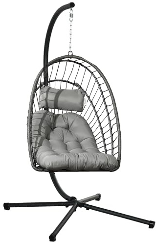 Outsunny Poltrona Sospesa in Rattan PE da Giardino con Cuscino, Grigio | Sedia Sospesa a Dondolo, Seduta Pieghevole, Struttura in Acciaio