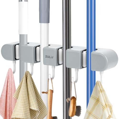 Taope Broom Mop Holder Wall Mounted, Brush Holder Tidy Organizer with 4 Slot 5 Hooks, Self-Adhesive Mop Holder for Bathroom, Kitchen, Garage, Garden Tool Organizer, Brush Mop and Broom Gripper, Grey