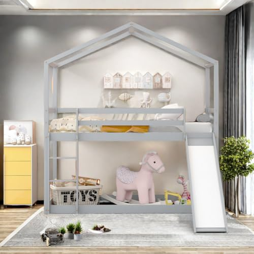 Lit cabane Enfants 90x200 Lit superposé Enfant lit Double lit Simple Protection Anti Chute avec Toboggan Cadre de lit superposé en Bois Massif avec sommier à Lattes 90 x 200 cm Gris