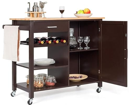 COSTWAY Küchenwagen auf Rollen, Servierwagen mit Arbeitsplatte, Kücheninsel mit Schubladen, Weinregal & Handtuchhalter, Küchenschrank aus Holz rollbar für Küche, Esszimmer & Bar (Braun)