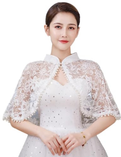 SamHeng Lace Wedding Shawl Wrap for Women, White Stand Collar Pearl Pendant Evening Cape Bridal Shoulder Cover Up Scarf Open Front Prom Party Dress Bolero Shrug Cardigans Elegant Capelet