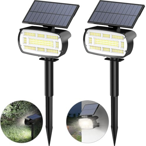 Solarlampen für Außen, 2 Stück 136 LED Solarstrahler für Außen mit Einstellbare Panel, 6500K Kaltweiß Große Solar Gartenleuchten, IP65 Wasserdicht, 3 Helligkeitsmodi Solarleuchten für Garten Weg Hof