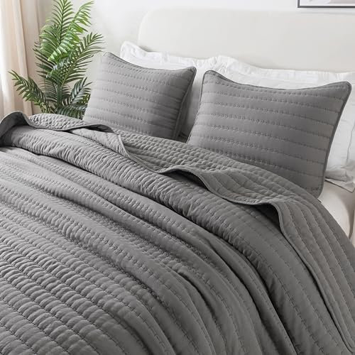 R.SHARE Tagesdecke 300x270 cm, Kuscheldecke Bettüberwurf, Ultra Weiche Steppdecke für alle Jahreszeiten, Wohndecken Sofaüberwurfdecke aus Mikrofaser (ohne Kissenbezug)-Grau