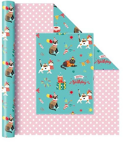 WERNNSAI Katzen Wende Geschenkpapier – 1 Rolle 43 cm x 10 m Katzen Geburtstags Geschenkpapierrolle Mädchen Kinder Katzen Geburtstags Geschenkpapier Grün Rosa für Geburtstags Feiertags