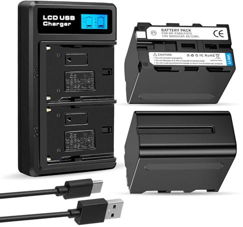 2 Pack 8800mAh Ersatzakku für Sony NP-F970 und USB-Ladegerät für Sony NP-F960 NP-F950 NP-F930 NP-F550 NP-F570 NP-F750 Akkus, für Sony Handycams, Field Monitor, Videoleuchte