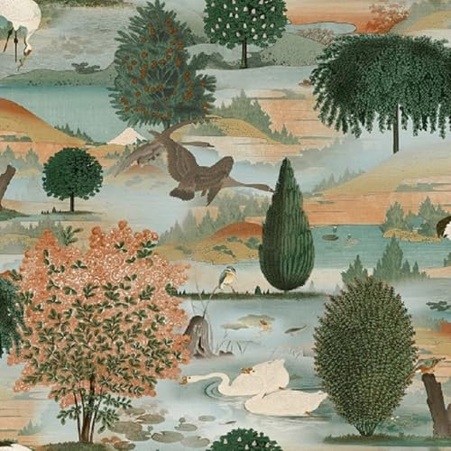 SOPHIE LAURENCE Swan Lake Orange, Green Nature Wallpaper for Bedroom Decor, Wallpaper for Living Room Decor, Dining Room Decor, Wall Paper Paste, 10m Wall Paper Roll for Interior Design