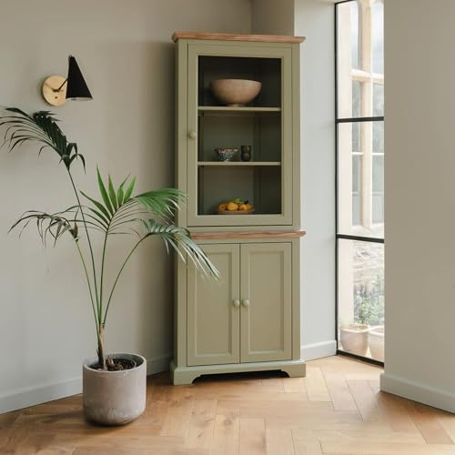 Florence Corner Display Cabinet, Sage Green Glass Door Corner Dresser | W78cm, D35cm, H200cm | Assembled Kitchen Dining Living Room Furniture (sage green)