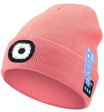 LED Light Bluetooth Warm Hat, LED Bluetooth Beanie with Detachable Speakers, Bluetooth Beanie Hat with Light, Musical Knit Hat with Headphones and Built-in Speaker, Unisex Beanie for Men Women (Pink)