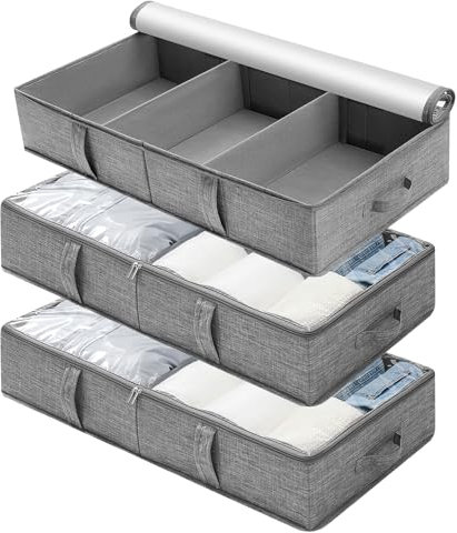 WOVTE Under bed Storage Box with Lids, 3Pack 50L Large Under Bed Storage, Foldable Clothes Storage Box with Handle and freely adjustable dividers, for Clothes Blankets Shoes Pillows