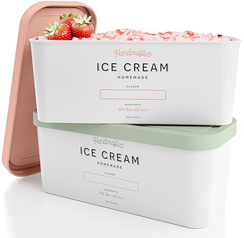 ZICOTO Juego de 2 recipientes reutilizables para helado de aproximadamente 1,9 litros cada uno, perfectos para sorbete casero, yogur helado o gelato, recipientes de almacenamiento apilables, pegatinas
