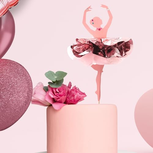 Ballet Dancer Cake Topper, Pink Rose gold pompom dress Floral Decoration, Single Ballerina Design