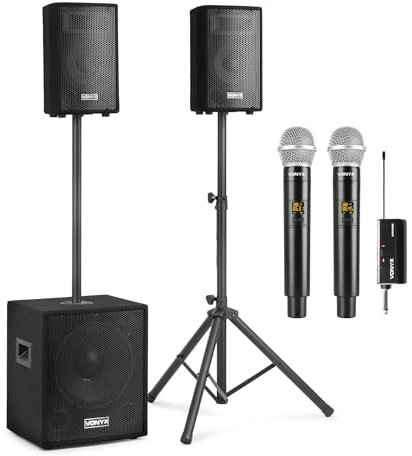 Vonyx VX0812BT - PA Anlage Komplettset + 2 Mikrofonen, Aktiv Subwoofer, 2X Passiv Hochtöner - 800 Watt, Ständer, Bluetooth, MP3, USB, SD, Mikrofonanschluss, mobiles PA System, DJ Boxen Set