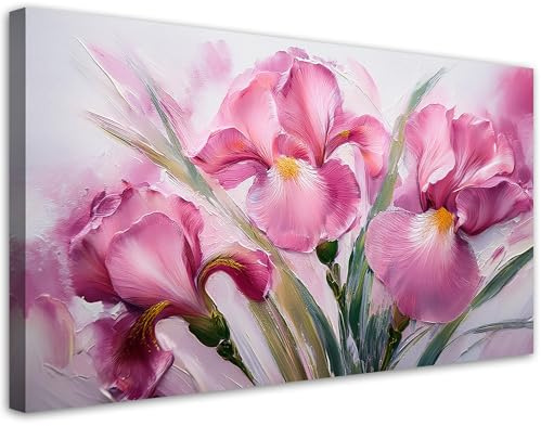 Feeby Wandbild - Wohnzimmer Modern Deko - Iris Rosa Gemalte Blumen - 100x50 1tlg - Bilder Leinwand - Bild auf Leinwand Schlafzimmer - Leinwandbilder für die Wand - Canvas Painting - Fotokunst