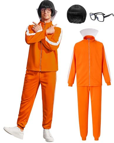 ERECT PEAK Man Sports Tracksuit Costume 4 PCS Halloween Party Adult Cosplay Funny Outfit Stand Collar Zipper Sportswear With Trousers Wig Glasses Accessories Comic Con Dress up Orange XXL