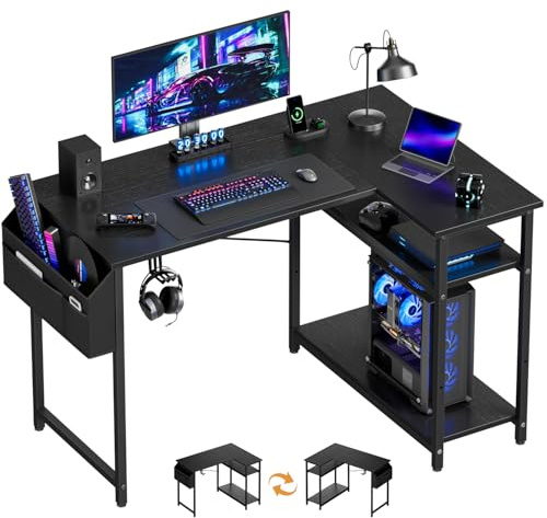 HLONONE Eckschreibtisch, Computertisch mit Verstellbare Ablagen, Umkehrbar Schreibtisch L Form mit Kopfhörer Halter & Aufbewahrungstasche, 110 x 80 cm Bürotisch für Heimbüro und Gaming, Schwarz