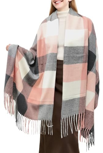 FloraMolly Damen Schals, Weiche Bequeme Pashmina Schals Und Wraps Für Frauen Lange Winter Warm Faux Kaschmir Schal Tartan Grau Rosa Schal Geschenke Für Frauen