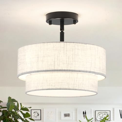 ASHUAQI Deckenlampe Schwarz 3 Flammig, Deckenlampe Stoff Ø32 cm, Moderne Deckenlampe Rund Beige, Deckenleuchte für Wohnzimmer Schlafzimmer Kinderzimmer Esszimmer Flur Küche Eingang, E27 Lampe Decke