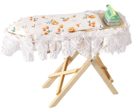 Tabla de planchar y plancha para casas de muñecas en miniatura, tabla de planchar 1/12, decoración de muebles de madera, casas de muñecas