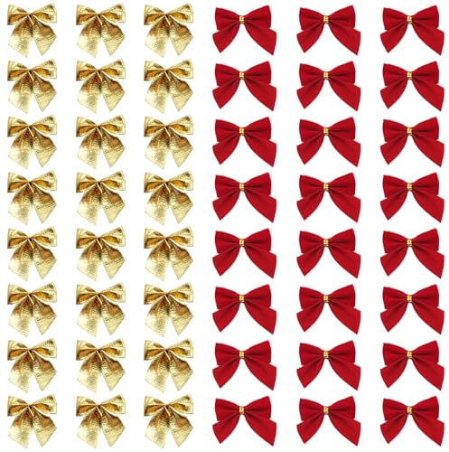 Yuqilin 48 Stück Geschenkschleifen Geschenk Schleifen für Weihnachtsbaum | Geschenk Deko Geschenkschleifen Deko Hochzeite für DIY Keks Bonbontüten Weihnachtsbaum Hochzeitsdeko 5,5 x 5 CM (Gold, Rot)