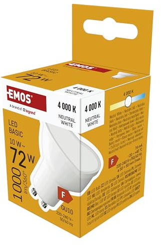 EMOS - LED Lampe Spot, 10 W Ersatz für 72 W Halogenlampe - MR16 Reflektorlampe mit GU10 Sockel - Helligkeit 1000 lm Neutralweiß 4000 K - 20000 h Lebensdauer, CRI min. 80, 110° Abstrahlwinkel - Weiß