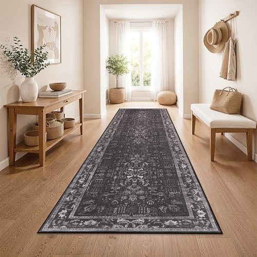 Paco Home Vintage Teppich Läufer Flur Waschbar & rutschfest, pflegeleicht, modernes Retro Design im Boho Stil, Anthrazit, 80x150 cm