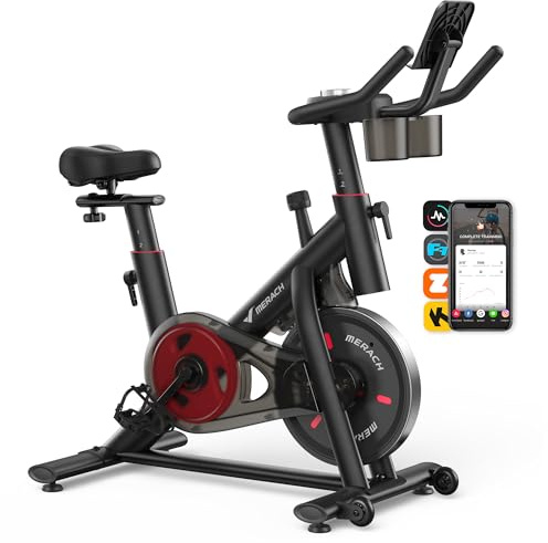 MERACH Heimtrainer Fahrrad mit Verstellbarem Widerstand, Leises Hometrainer Fahrrad mit Verbessertem LED-Monitor, Tablet-Halter, Indoor Cycling Bike für Kardiotraining zu Hause, Eigener App, Bis 136KG