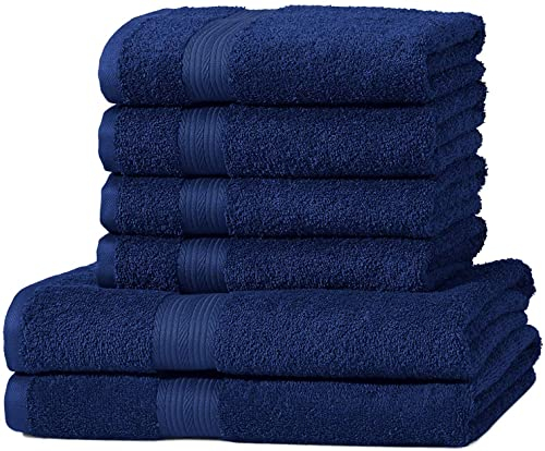 Amazon Basics - paquete de 6 toallas de baño resistentes a la decoloración para baño, 100 % algodón, suaves y absorbentes, 2 Toallas de baño y 4 Toallas de mano, Azul Real