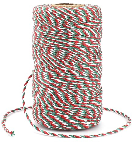 Hilo de Algodón Cuerda de Navidad de 100M para Envolver Regalos, Manualidades, Decoración, Cocina - Rojo Verde y Blanco
