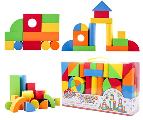 deAO Schaumstoff Bausteine 131 Teilig - Weiche & Sichere Bausteine für Kleinkinder, Lernspielzeug für Kinder, Bauspielblöcke Set Formen zum Bauen von Häusern, Tieren