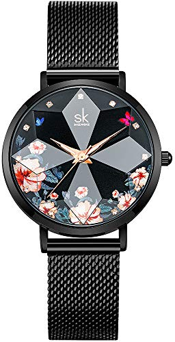 SHENGKE Kreative Simplicity Damen-Armbanduhr mit Sternen Netzband, Elegant, Damenarmbanduhr Business Armbanduhr (Flower-Mesh Band-Black)