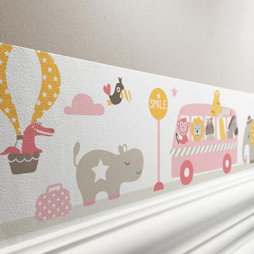 lovely label Bordüre selbstklebend TIERE ON TOUR BUNT - Wandbordüre Kinderzimmer Babyzimmer mit Elefant im Auto - Wandtattoo Schlafzimmer Mädchen & Junge – Wanddeko Baby Kinder