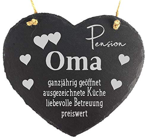 camolo Schieferherz 20x17cm Mit Spruch Gravur Deko Wandbild Zum Aufhängen Herz Schiefer Natur Geschenk (Pension Oma)