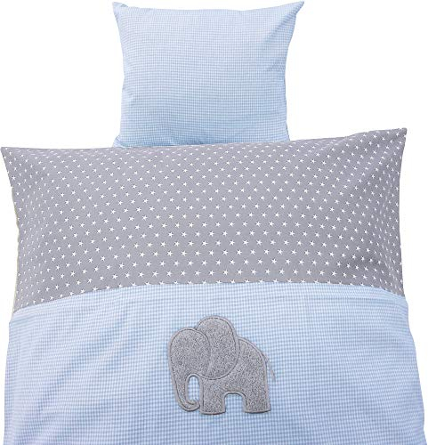 Erwin Müller Baby-Bettwäsche, Bettgarnitur Elefant Linon blau-weiß Größe 35x40 cm / 80x80 cm - pflegeleicht, strapazierfähig, mit praktischem Reißverschluss