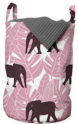 ABAKUHAUS Elefant Wäschesack, Tropische Palmenblätter Afrika, Wäschekorb mit Griffen Kordelzugverschluss für Waschsalons, 33 cm breit x 49 cm hoch, Pastellrosa-Dunkel Fuchsia