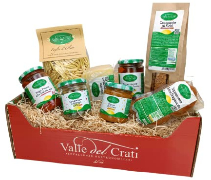 Valle del Crati Weihnachtsgeschenkkorb mit 8 Handgefertigten Produkten | Weihnachtskorb mit Pasta, Wurstwaren, Käse, Feigen, Aufstriche, Gemüsekonserven, Saucen und Gewürzen | Weihnachtskorb