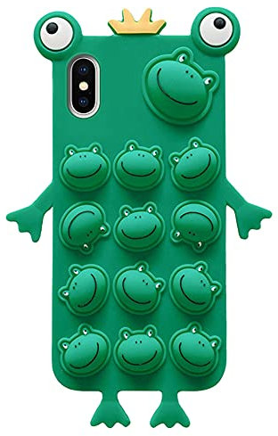 Pop Bubble Fidget Toys Mobile Phone Case for iPhone X/XS, Push Bubble Fidget Sensory Toy Green Silicone TPU Protective Case, Cute 3D Frog Soft Silicone Shockproof Mobile Phone Case for Girls Women