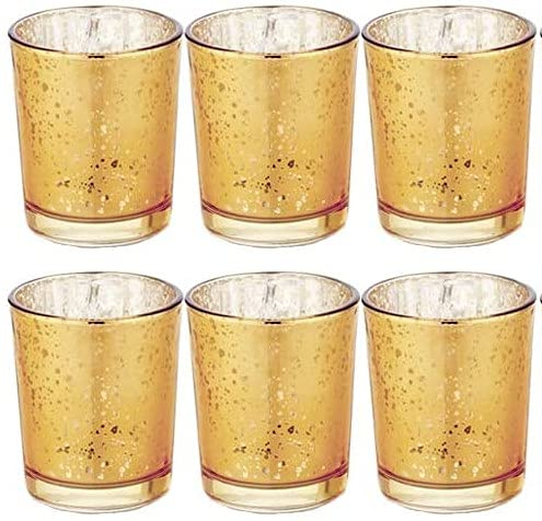 Floralcraft Cylinder Glass Votive Candle Holders Speckled Stylish Tealight Holder for Table Centerpiece, Home Party Wedding Decorations - Champagne/Gold (Pack of 6)