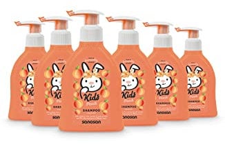 sanosan Shampoo Pfirsich für Kinder & Babys 6x 200 ml - Haarshampoo mit Bio Olivenextrakt & Milchprotein - Haarpflege, Haar Shampoo für Kind & Baby