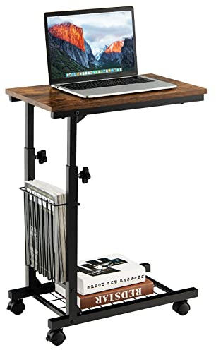 COSTWAY C-Shaped Sofa Side Table, Height Adjustable Mobile Laptop Desk Coffee End Table with Storage Basket, Shelf and Wheels, Snack Overbed Table for Living Room Bedroom Balcony (Rustic Brown+Black)