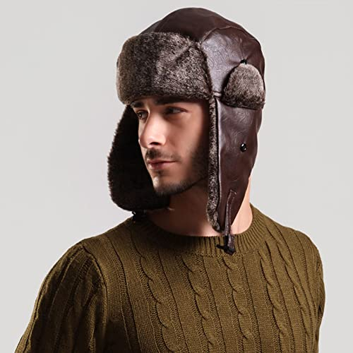 Ciamlir Russische Mütze Bombermütze Mit Ohrenklappe Herren Winter Kunstleder Pelz Russische Ohrenklappe Trappermütze Fliegermütze Männlich,Auburn,60Cm