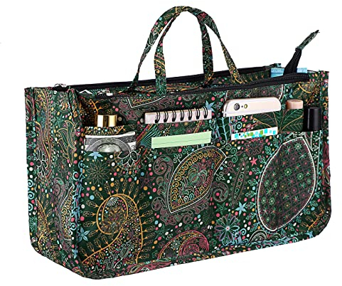 IGNPION Bedruckter Einsatz für Handtasche, Geldbörse, Organizer, 13 Taschen, erweiterbarer Innenbeutel, Reißverschluss, Tragetasche, Organizer, Wickeltaschen-Einsatz mit Griff (grüne Blume)