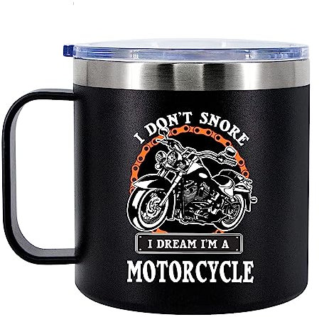Panvola I Don't Snore I Dream I'm A Motorcycle Insulated Coffee Cup 14oz With Handle Lid For Snorers Biker Motor Bike Lover Rider 304 Stainless Steel Vacuum Insulated Camping Travel Thermal Mug