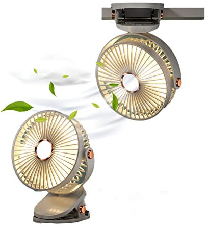 srdmuph Desk Fan Clip On with Lights USB Rechargeable 2400mAh 5 Level Speed Air Flow Portable Personal Mini Fan 6inch Camping Home Travel Indoor Outdoor (White)