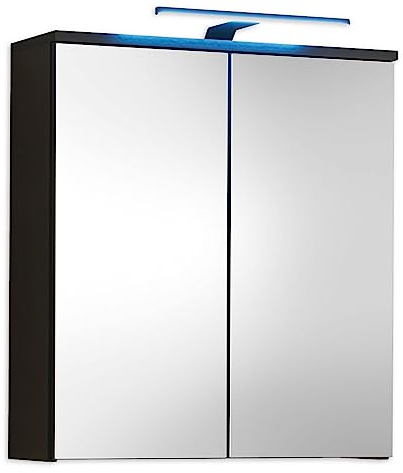 SPICE Spiegelschrank Bad mit LED-Beleuchtung in Schwarz matt - Badezimmerspiegel Schrank mit viel Stauraum - 60 x 66,5 x 20 cm (B/H/T)